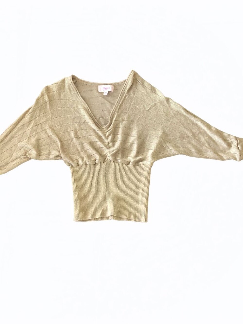 Y2K Candies Size M Metallic Gold V-neck Dolman Sleeve Ruched Knit Top